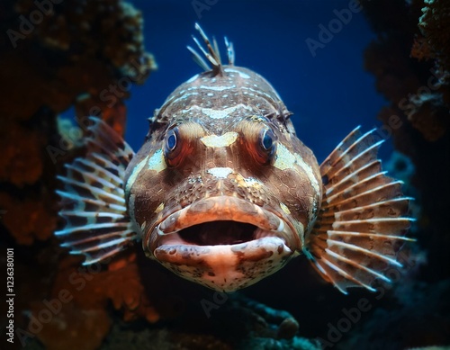 a monkfish with large eyes and a wide mouth looks into the camera photo