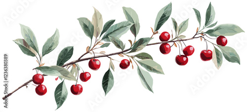 Vintage botanical art of a cherry tree branch wi