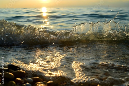 Sunset reflections on calm water with gentle waves crashing on a pebbly shore. Concept Serene Sunset, Reflections on Water, Calm Waves, Pebbly Shore, Nature's Tranquility photo