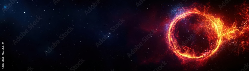 Obraz premium Majestic Cosmic Display of a Fiery Surrounded by Colorful Nebula Clouds in Deep Space Evoking Awe and Wonder at the Beauty of the Universe
