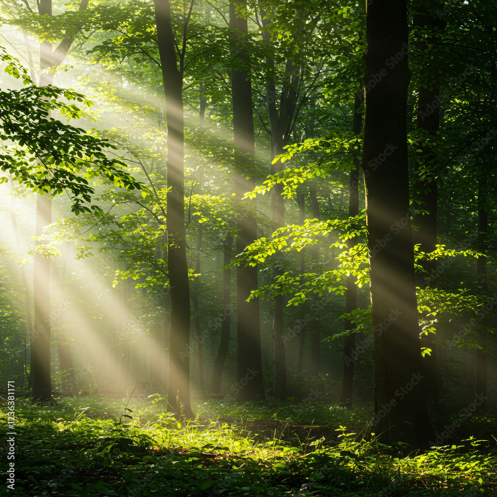 Obraz premium Sunbeams through Misty Green Forest Landscape
