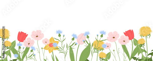 Spring flowers seamless border, frame. Cosmos flower, Tulip, Cornflower, Dandelion, Daffodil, Anemone. Vector flat illustrations. Easter, Spring, Summer flowers. Isolated on white