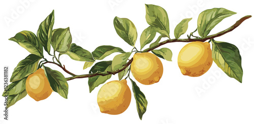 Soft pastel-colored botanical art with a lemon tree branch, bright yellow lemons, and natural hues of green leaves