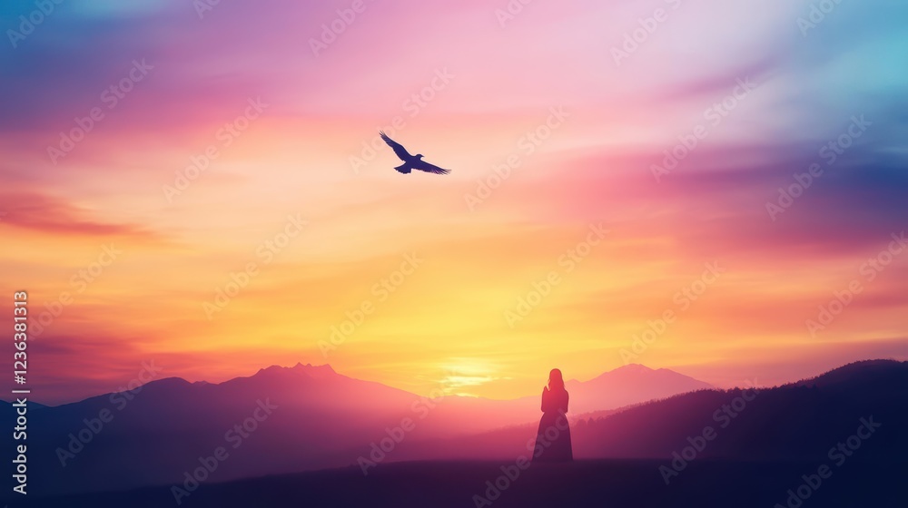 Obraz premium Majestic Bird Soaring Over Rugged Mountain Peaks Bathed in Vibrant Sunset Colors Reflecting a Peaceful and Awe-Inspiring Natural Landscape