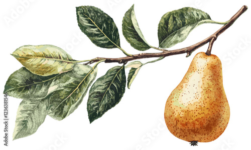 Winter flavors brought to life through a vintage botanical illustration of pear fruit with soft green leaves, perfect for seasonal decor