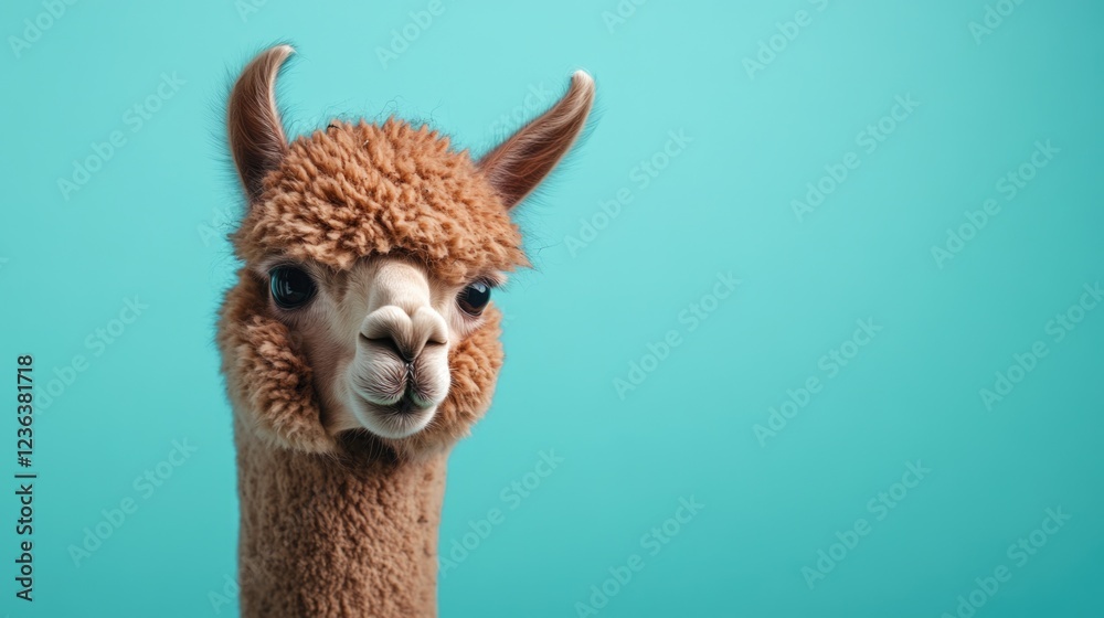Obraz premium A charming Peruvian llama with long hair and large ears, standing on a blue background.
