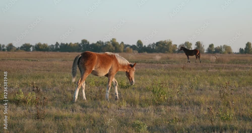 Herd of Horses Grazing on Field Pastures on Countryside. Rural Scene 4K 10-bit Herd of Horses Grazing on Field Pastures on Countryside. Rural Scene 4K 10-bit
