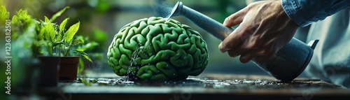 A closeup of a man watering a brainshaped plant, representing nurturing one s mind for mental enhancement, vibrant colors, serene atmosphere, photorealistic quality, 4K sharpness photo