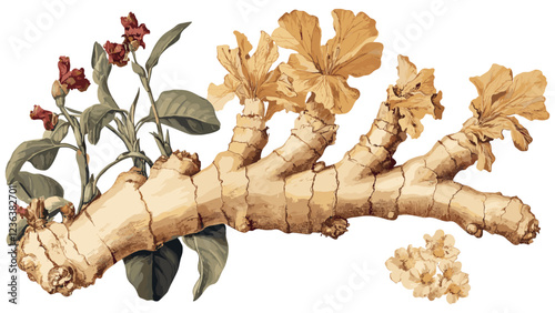 Ginger root, illustrated in vintage botanical style with earthy tones, brings the warmth of winter spice themes to life, offering a timeless piece of art that adds depth and charm to seasonal decor.