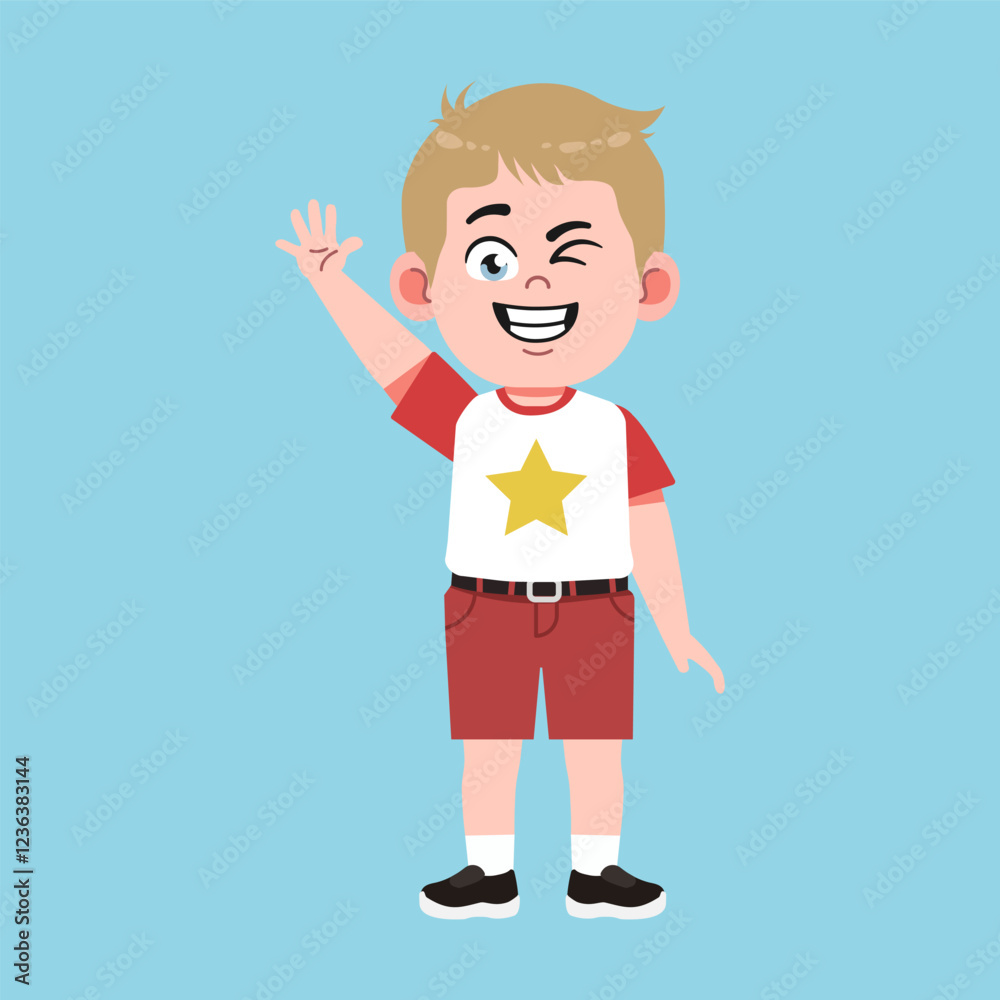Cute American Boy with Blond Hair Cartoon Wave Hand and say Hello Cute American Boy with Blond Hair Cartoon Wave Hand and say Hello