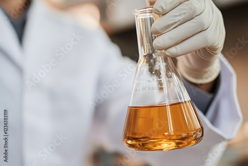 a scientist shake a chemical flask