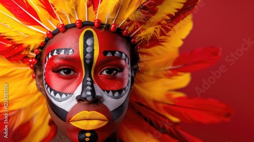 Bold Colorful Tribal Face Art With Feathers photo