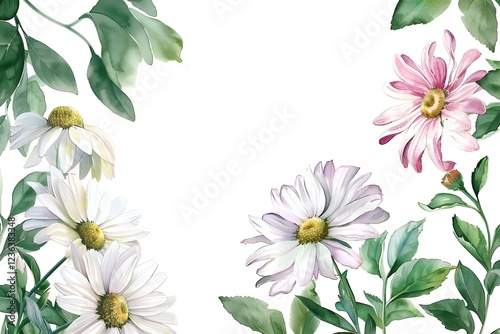 on the right is a botanical watercolor illustration of daisy branches with white and pink flowers and green leaves on a white background with a free space on the left
