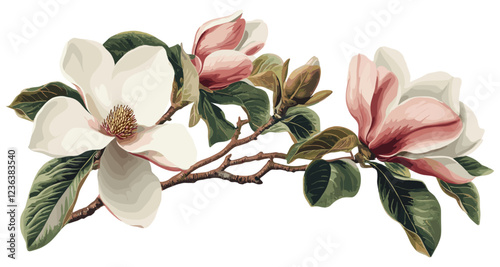 Vintage botanical decor with a blooming magnolia branch, soft pink petals, white blooms, detailed green leaves, and natural pastel hues.