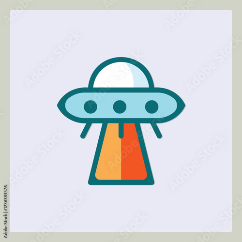 Iconic representation of a classic flying saucer with a beam of light, simple design