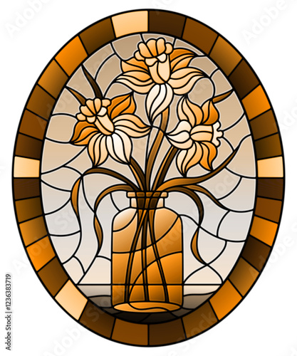 Illustration in stained glass style with still life, bouquet of yellow daffodil in a glass jar on a , oval image in frame, tone brown