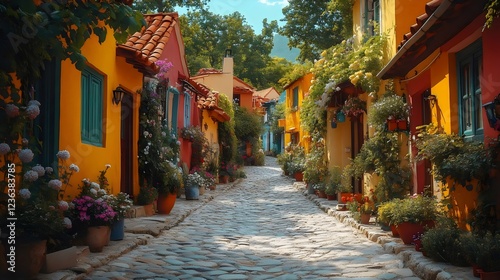 A narrow street with houses on either side and a lot of flowers in pots