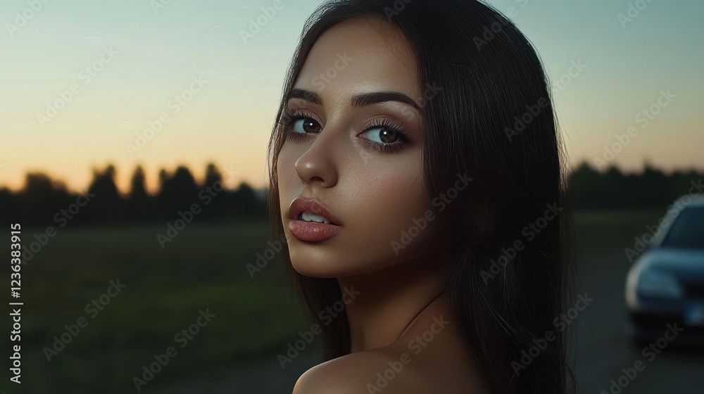 An enchanting portrait of a young woman captured against a sunset backdrop, reflecting beauty, serenity, and an air of mystery that evokes deep emotions and thoughts. An enchanting portrait of a young woman captured against a sunset backdrop, reflecting beauty, serenity, and an air of mystery that evokes deep emotions and thoughts.