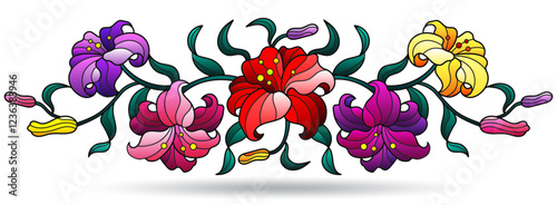 Stained glass illustrations with bouquet and lilies flowers, flovers isolted on awhite background