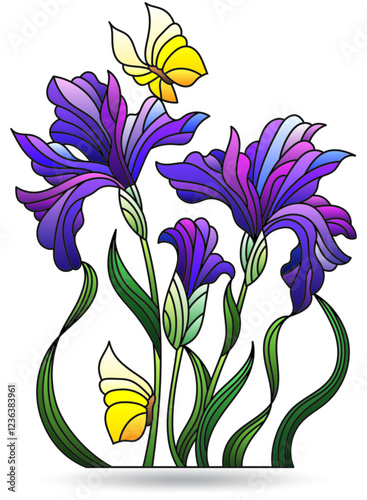 Stained glass illustration with composition of iris flowers, isolated on a white background