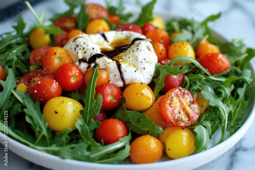 A fresh, vibrant salad with tomatoes and spinach, topped with burrata cheese. A delicious and healthy meal option.