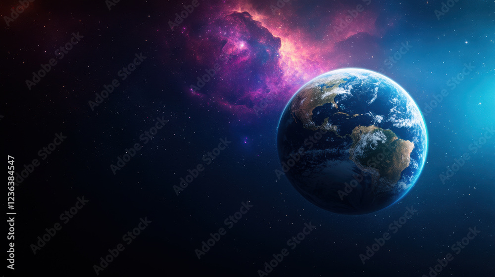 Naklejka premium stunning view of Earth floating in space, surrounded by vibrant cosmic colors and stars, evokes sense of wonder and exploration