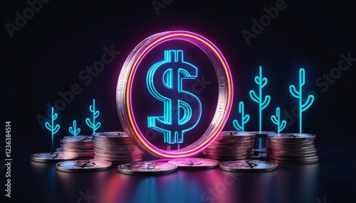 The concept of digital currency growth highlighted by a neon dollar sign.