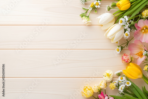 A vibrant array of spring flowers displayed on a light wooden surface highlights their lively colors and textures. This floral composition creates an inviting and cheerful atmosphere