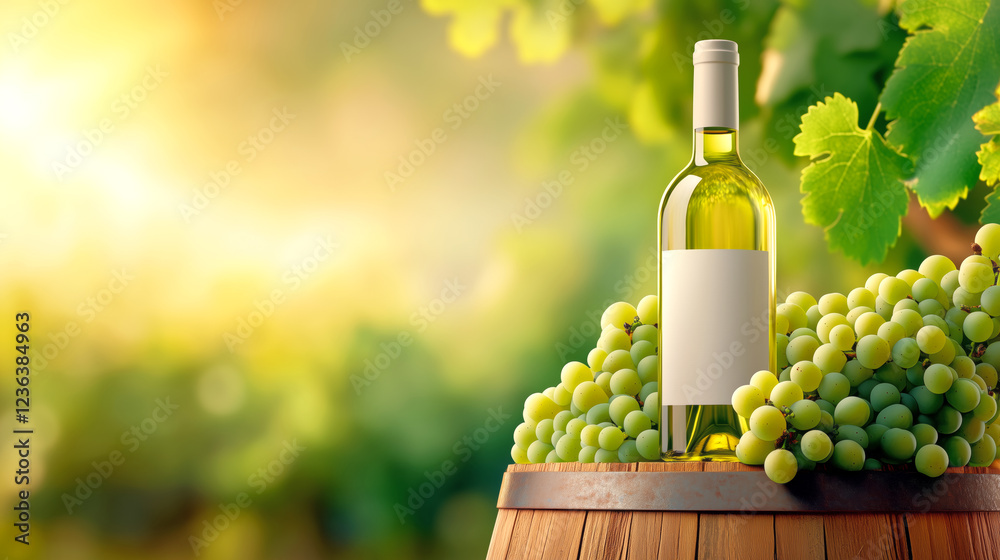 Fototapeta premium Wine bottle and grapes on wooden barrel in vineyard