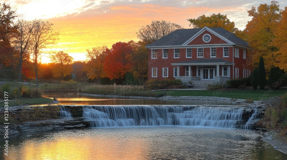 Fototapeta premium Autumn Sunset, Creekside House, Waterfall