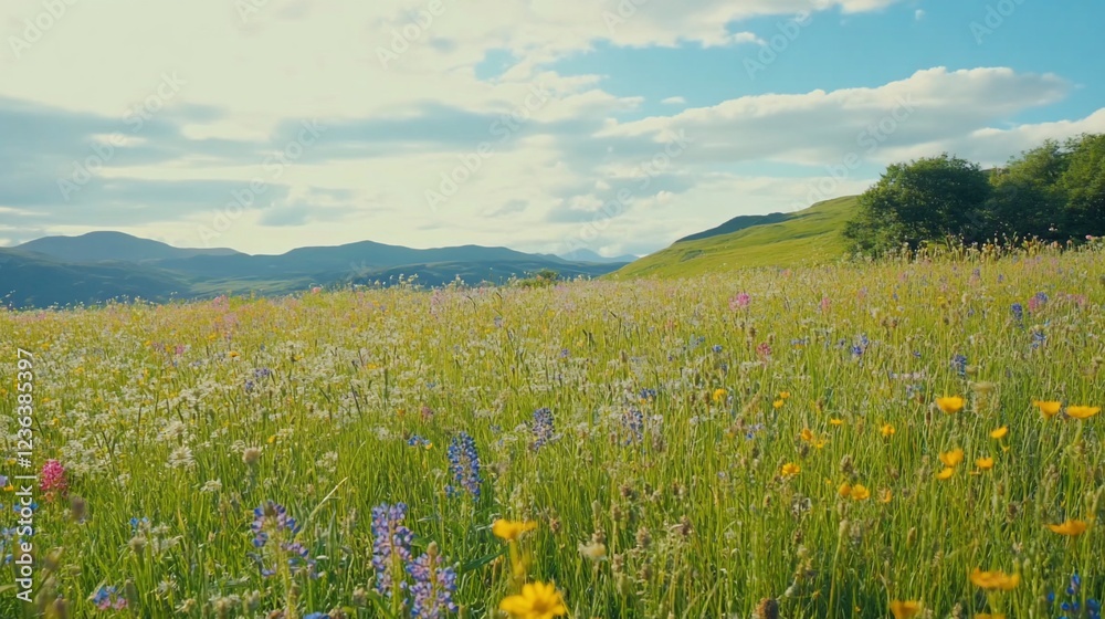 Serene field of wildflowers under a vast blue sky with distant mountains Serene field of wildflowers under a vast blue sky with distant mountains