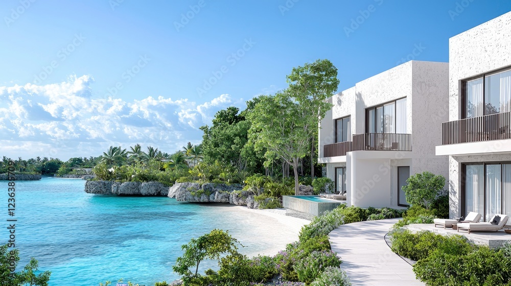 Fototapeta premium Luxury beachfront villas, turquoise sea, tropical foliage