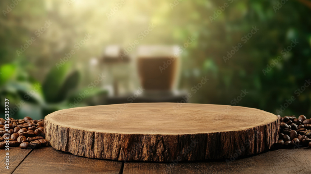 rustic wooden podium with natural grain texture, surrounded by coffee beans, creates warm and inviting atmosphere perfect for showcasing food or beverages rustic wooden podium with natural grain texture, surrounded by coffee beans, creates warm and inviting atmosphere perfect for showcasing food or beverages