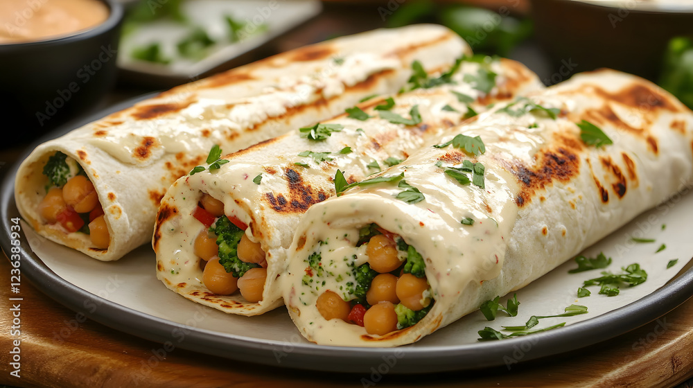 Broccoli and chickpea wrap with tahini sauce. Broccoli and chickpea wrap with tahini sauce.