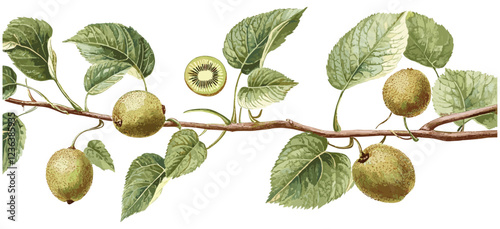 Antique kiwi fruit vine illustration, blending botanical elements with soft green fruits and leaves in vintage style, finished with natural hues, to elevate your home’s decor with classic charm.