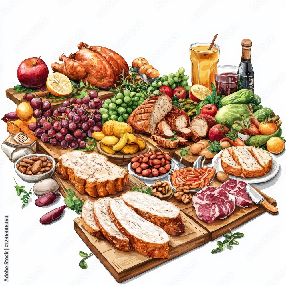 Abundant Harvest Spread with Fresh Fruits, Vegetables, Meats, and Breads for a Festive Celebration