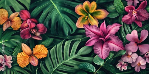 Wallpaper Mural Purple and pink flowers with lush green foliage, creating a vibrant tropical scene. Torontodigital.ca