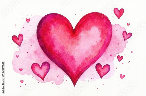 Hearts painted in watercolor in red and pink tones, with drops of paint around. White background, space for text. For the design of postcards, banners and covers for Valentine's Day