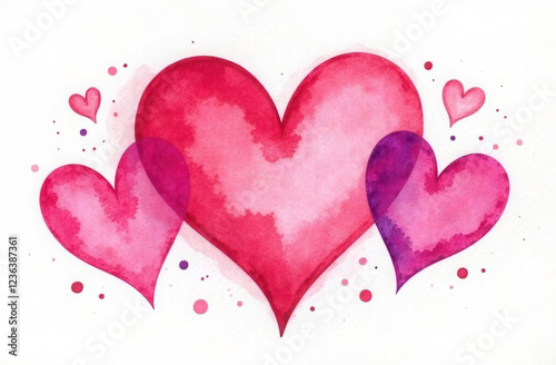 Handmade watercolor: hearts of different sizes with drops of paint on a white background. Romantic style, a template for postcards and invitations. For holiday ads and love articles
