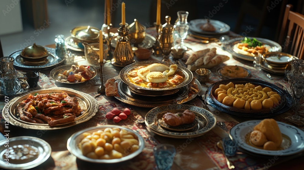 A table is set with a variety of food, including a large bowl of soup. The table is set with many plates and bowls, and there are several candles on the table. Scene is warm and inviting A table is set with a variety of food, including a large bowl of soup. The table is set with many plates and bowls, and there are several candles on the table. Scene is warm and inviting