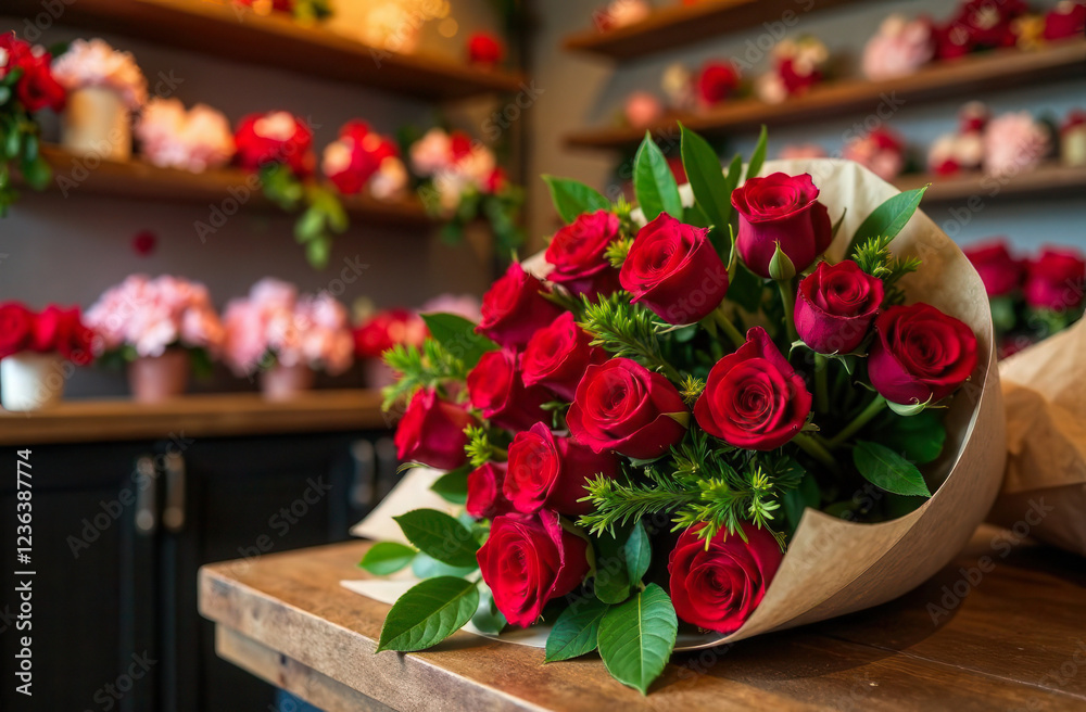 Obraz premium Red roses in craft paper on the table of the flower shop. Shelves with flowers create a bright background. For the design of advertisements, articles about the flower business and holiday surprises