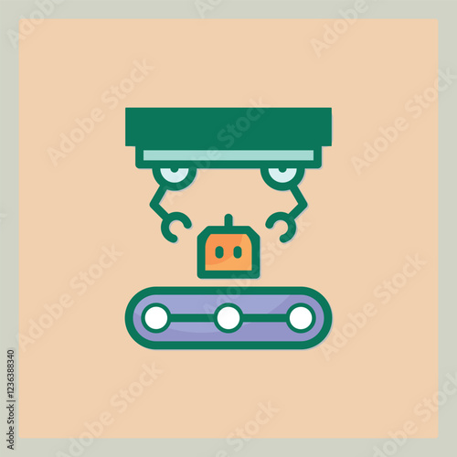 Icon representing a protoboard or circuit board with conveyor belt and robotic arm