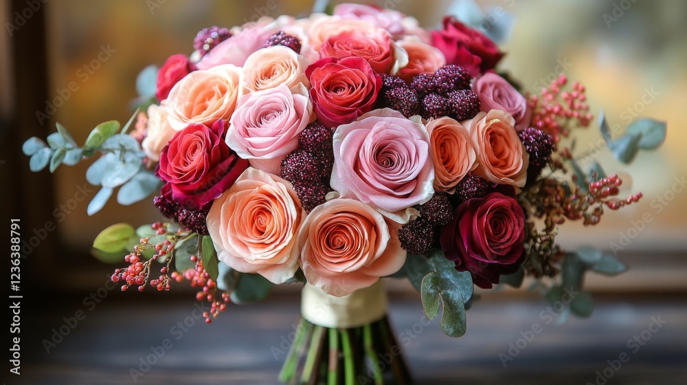 Obraz premium A pink and red rose bouquet with glitter accents