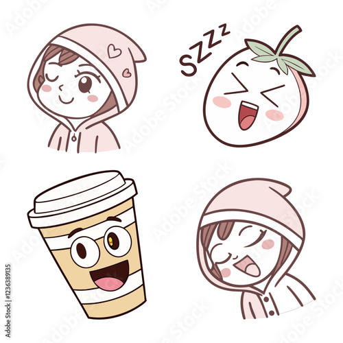 cartoon characters. playful digital illustration with pastel colors. whimsical designs featuring a sleepy tomato and coffee cup.