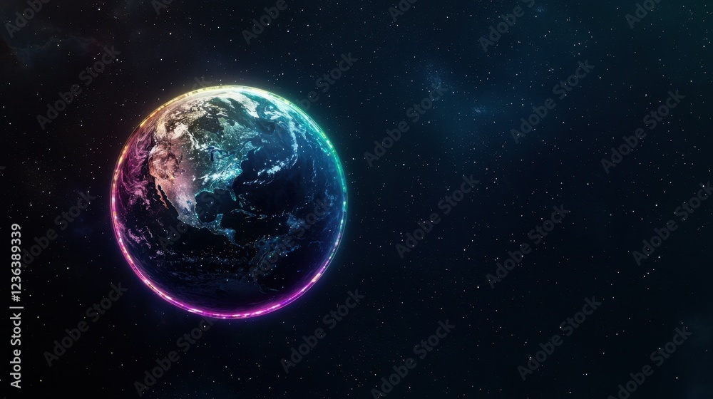 Fototapeta premium A vibrant, glowing Earth is depicted in space, surrounded by a dark cosmic backdrop filled with stars.