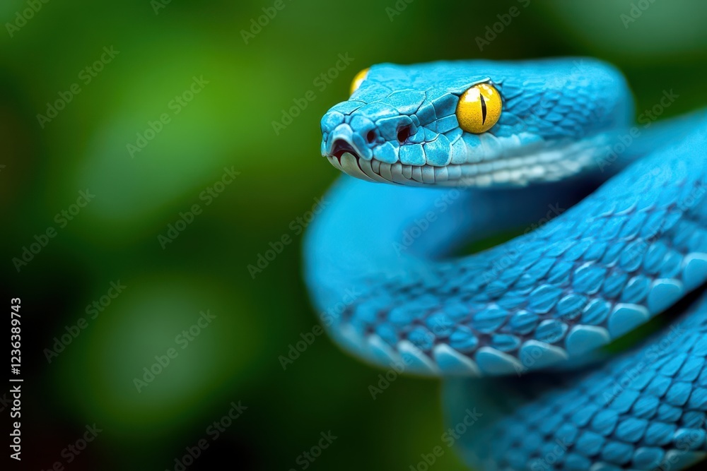 Fototapeta premium Vibrant Blue Snake with Striking Yellow Eye Coiled Among Lush Greenery in a Tropical Habitat Showcasing the Beauty of Wildlife and Nature