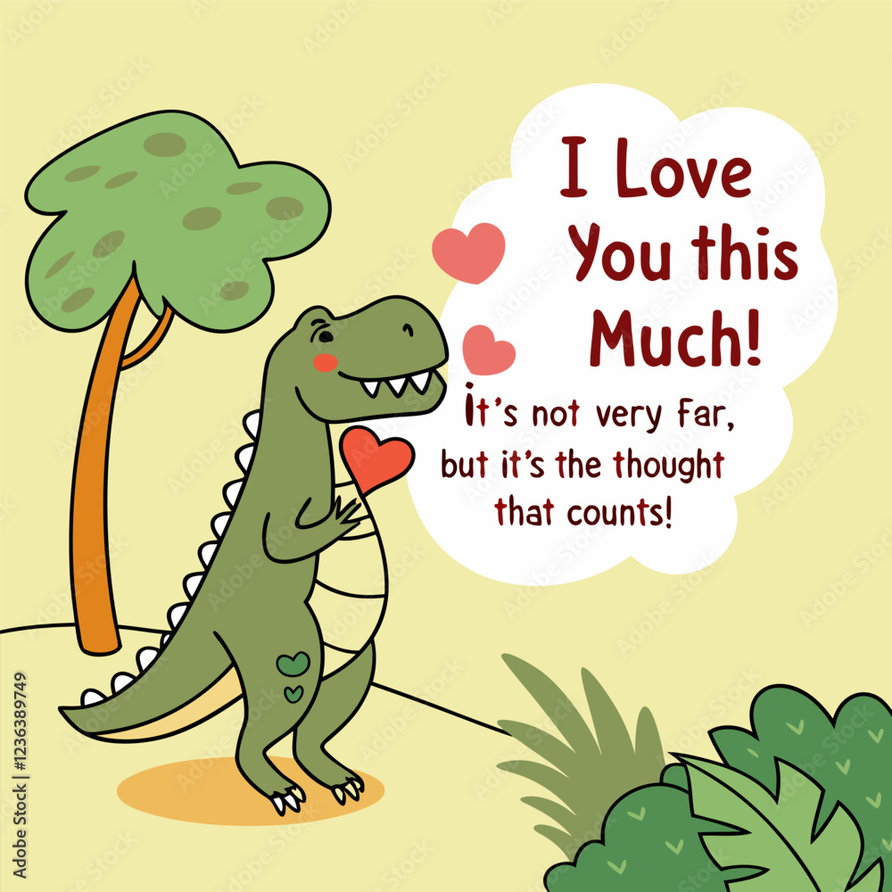 Naklejka premium Funny Valentine's Day T-Rex with Heart. Cute Dinosaur Struggling with Love. Humorous Valentine�s Day Vector with Tiny Arms.