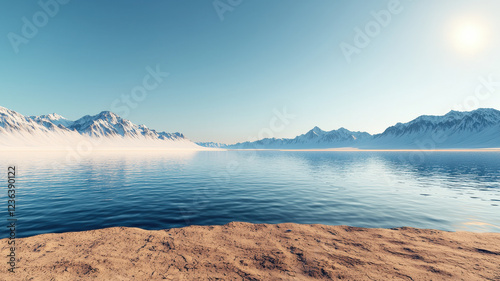 serene landscape featuring calm waters and majestic mountains, Global Warming and Climate Crisis Themed photo