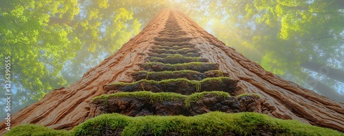 Majestic giant redwood tree trunk, viewed from below, showcasing its textured bark, mossy growth, and sunlit canopy above.  Evokes themes of nature, growth, and spirituality. photo