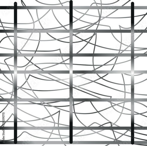 A simple fence with thin crossbars and tangled wire.